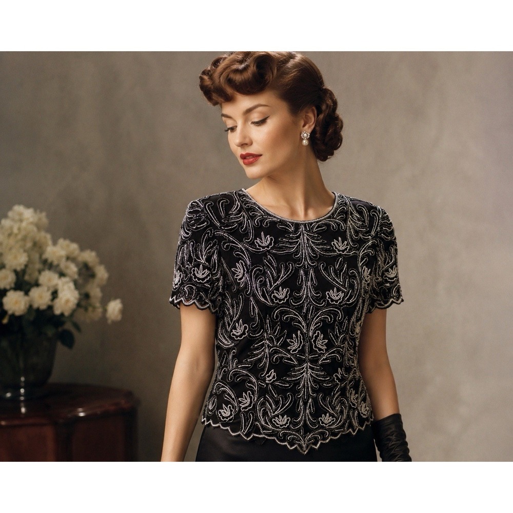 Vintage Stenay 100% Silk Beaded Top Blouse Sz L Black White Sequin 80's Dynasty